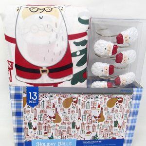 Festive Santa Shower Curtain 12 Hooks Set Christmas Holiday Hills Fabric